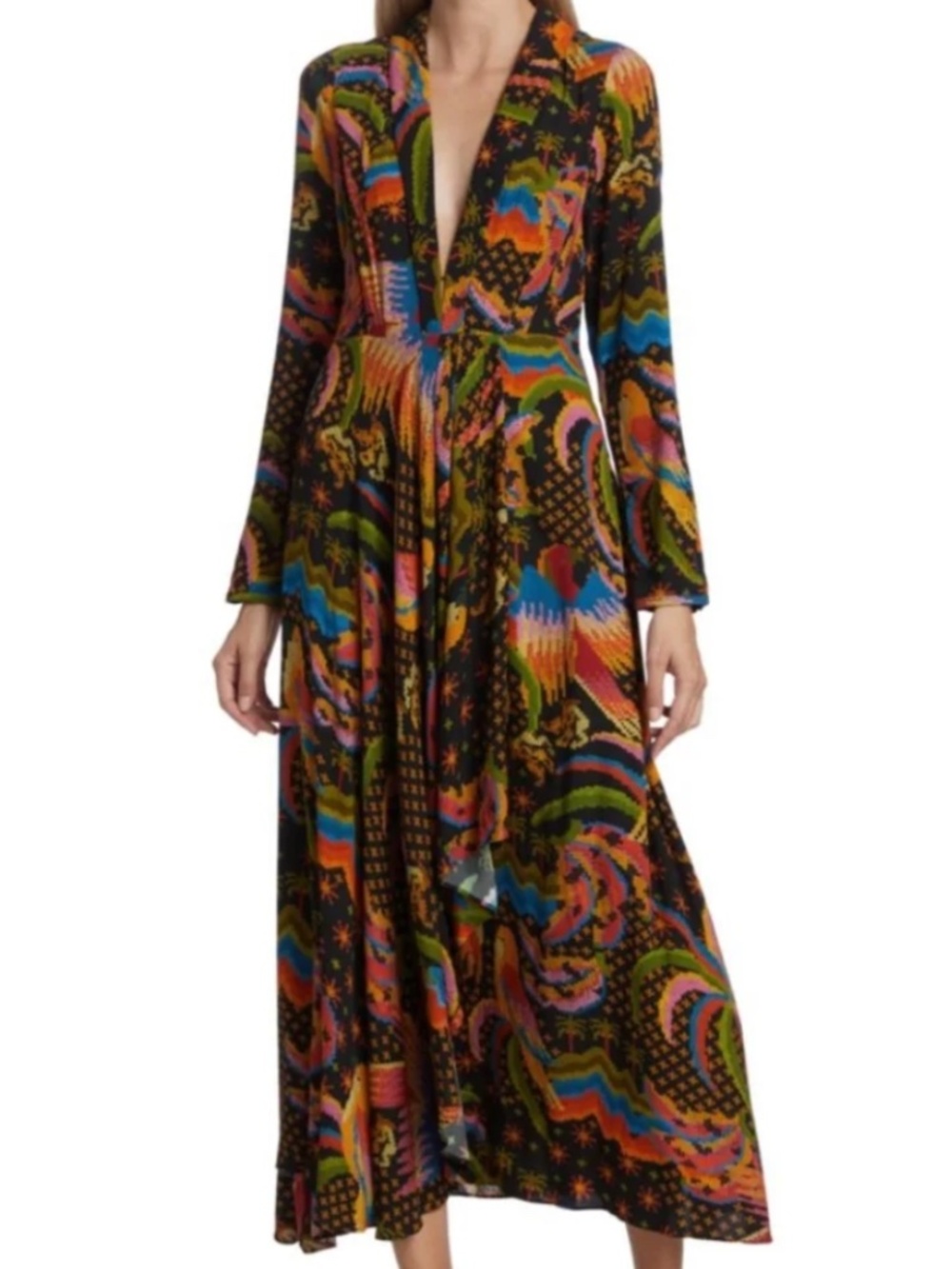 Farm Rio Macaw Island Maxi Dress Long Sleeve Black Bird Print Boho, Sz Small
